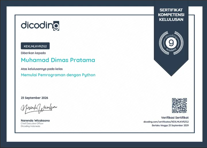 Memulai Pemrograman dengan Python certificate