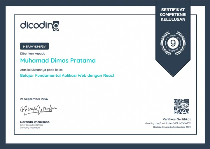 Belajar Fundamental Aplikasi Web dengan React certificate