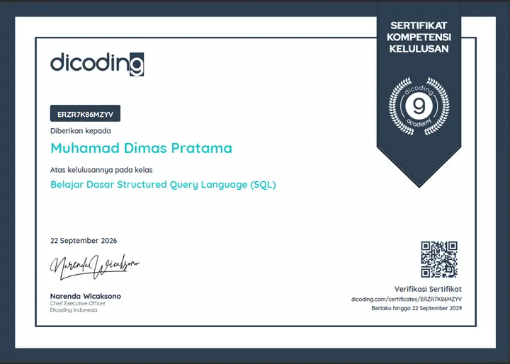 Belajar Dasar Structured Query Language (SQL) certificate